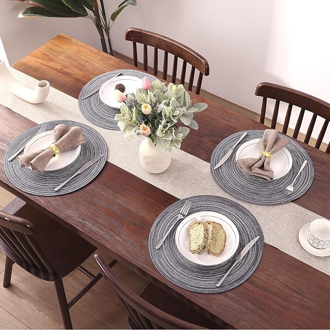 SHACOS Round Braided Placemats Set of 8 Round Table Mats for Dining Tables Non Slip Washable (Black Grey, 8)