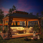 12' X 16' Hardtop Gazebo, Aluminum Wood-Looking Frame Outdoor Permanent Galvanized Steel Double Roof Pavilion Pergola Canopy with Privacy Curtains for Garden, Patio, Backyard, Deck and Lawns.