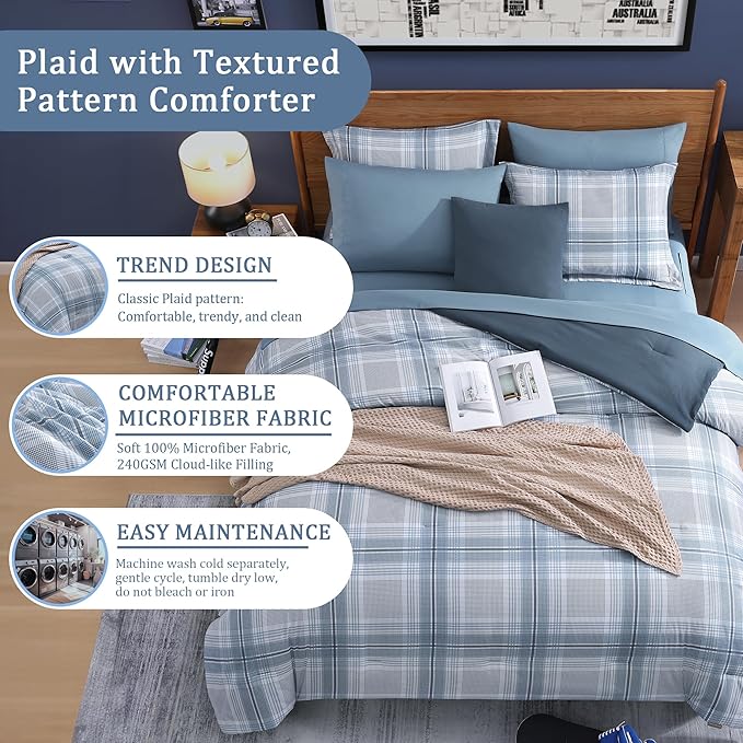 Light Blue Bedding Sets Full, Plaid Full Size Comforter Sets for Boys & Girls,Classic Homestead-style Comforter Full Size with Full Size Bed Sheets and Comforter Set
