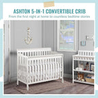 Dream On Me Ashton 4-In-1 Convertible Crib In White, Greenguard Gold, JPMA Certified, Non-Toxic Finishes, Features 4 Mattress Height Settings, Made Of Solid Pinewood