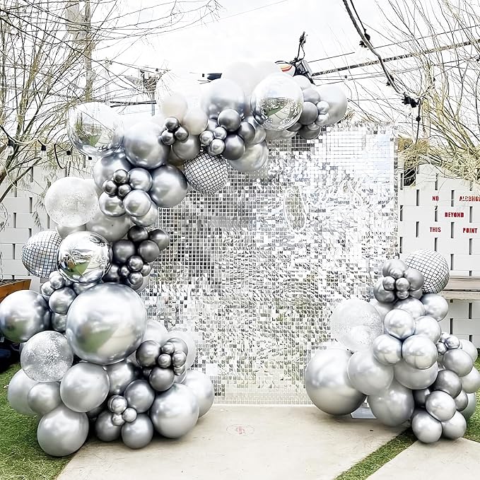 130pcs Metallic Silver Balloons Different Sizes 18" 12" 10" 5" Chrome Silver Balloon Garland Arch Kit for Graduation Birthday Baby Shower Wedding Anniversary New Year Party Decorations