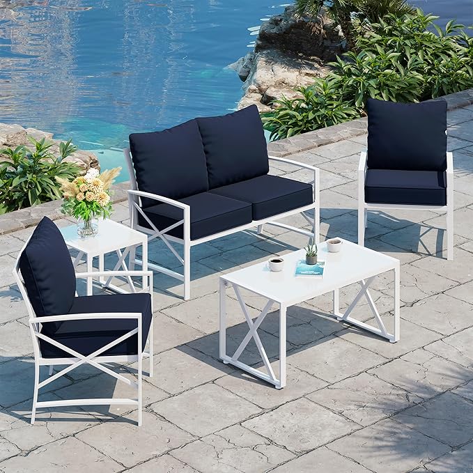 Shintenchi 5 Piece Outdoor Furniture Sets, White Metal Sofa Conversation Sets with Loveseat, Two Single Chairs and Two Coffee Tables for Backyard, Patio, Balcony, Poolside (Dark Blue)