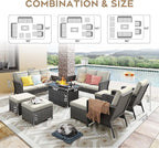 Yechen Patio Conversation Set 10 Seats with 44" Propane Gas Fire Pit Table - 7 Pcs Outdoor Wicker Furniture Set with Lid & Wind Shields - Sectional Sofa Set for Porch,Backyard