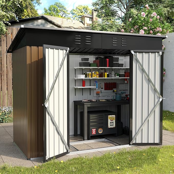 UDPATIO Outdoor Storage Shed 8x4 FT, Outside Sheds & Outdoor Storage Metal Galvanized Steel Yard, Patio, Lawn, Tool Shed with Lockable Door for Can, Bike, Lawnmower, Generator,Brown