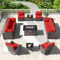 Kullavik 13PCS Outdoor Patio Furniture Set,PE Wicker Rattan Sectional Sofa Patio Conversation Sets with 43" 55000BTU Gas Propane Fire Pit Table,Swivel Rocking Chairs Set,Dark Red