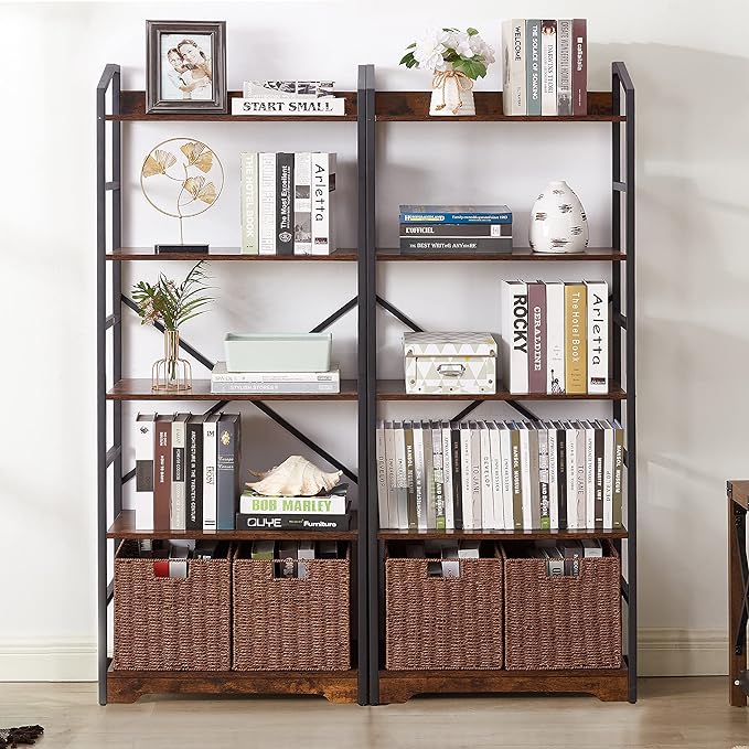 Vagusicc 5 Tier Bookshelf with 2 Storage Baskets, Tall Bookcase Shelf Storage Organizer Wood Book Shelf, Modern Shelf Rack Shelves with Steel Frame, Multipurpose Bookshelf for Bedroom Living Room