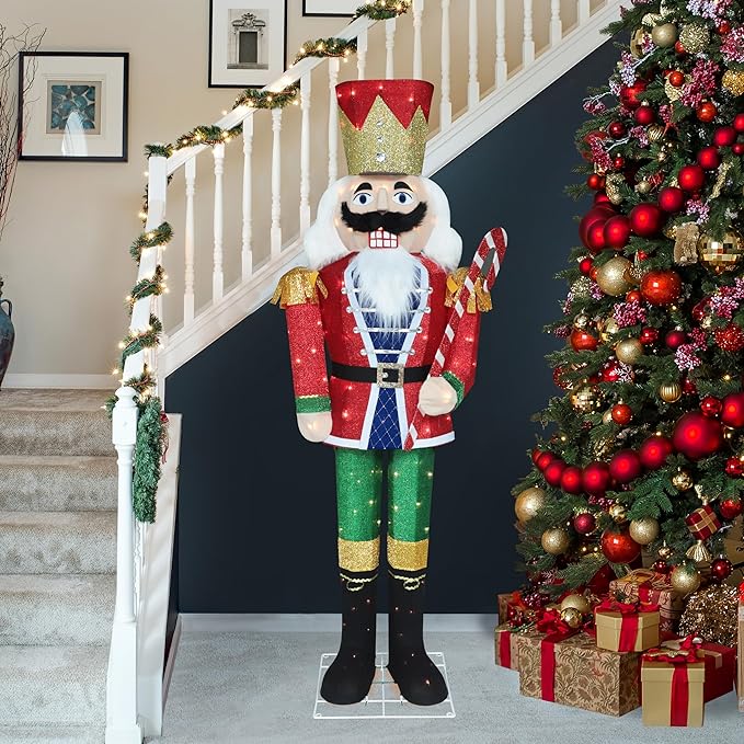5FT Lighted Nutcracker with Candy Cane for Christmas Decoration, 3D Pre-Lit Iridescent Soldier Xmas Decor with 100 Warm White Lights, Glittered Standing Holiday Display for Outdoor, Indoor