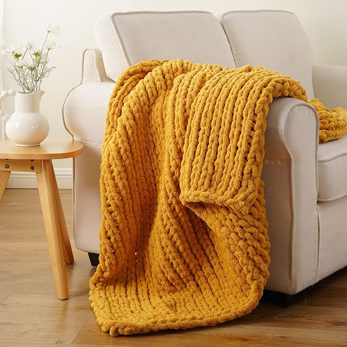 Battilo Chunky Knit Throw Blanket, Soft and Thick Chenille Throw Blanket, 50"x60" Handmade Cable Knit Crochet Blanket, Large Rope Knot Throw Blankets for Couch Sofa Bed Home Decor, Mustard