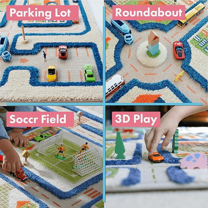IVI 3D Play Carpets, 59 x 39 Inch, Traffic Educational Toddler Mat Rug for Bedroom, Kids Den, or Playroom, Medium
