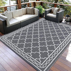 GAOMON Outdoor Plastic Straw Rug, 10'x14' Reversible Sage Green Patio Mat, Flower Modern Design for RV, Backyard, Deck, Camping, Picnic, Grey/White(Geometric)