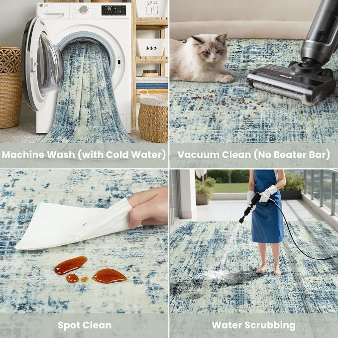 6x9 Washable Area Rug for Living Room Bedroom: Non-Slip Modern Blue Gray | Machine Washable TPR Backing, Stain-Resistant Low Pile, Pet & Kid Friendly, Abstract Decor for Dining Room, Dorm, Home Office