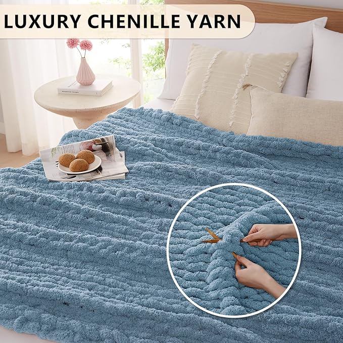 L'AGRATY Chunky Knit Blanket Throw: 80''x90'' Chenille Chunky Knitted Throw Blankets for Bed Couch - Handmade Thick Big Cable Knit Blanket - Large Crochet Rope Blankets for Home Decor(Airy Blue)