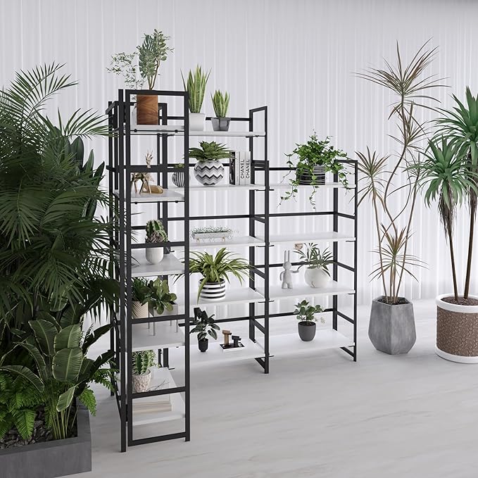 No-Assembly Folding Bookshelf Storage Shelves 5 Tiers Vintage Multifunctional Plant Flower Stand Storage Rack Shelves Bookcase for Home Office White&Black