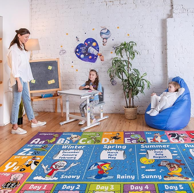 KC Cubs | Looney Tunes ABC Alphabet, Seasons, Months and Days of The Week Educational Learning & Game Play Area Non Slip Boy & Girl Kids Rug Carpet for Children Bedroom, Toddler Classroom & Baby Mat