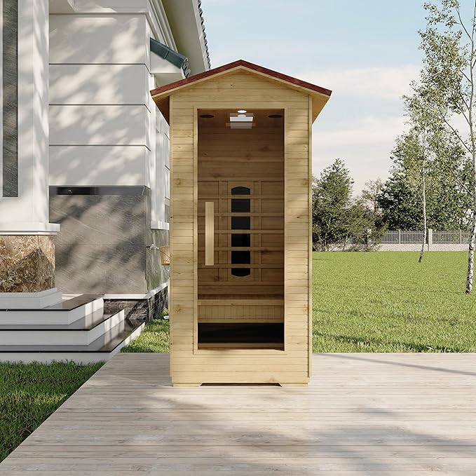 1 Person Outdoor Infrared Sauna - 3D Fast Heating Home Spa Sauna w/Chromotherapy Light, Wooden Sauna Room Kit w/Bluetooth Speaker (CE Certified,110V)