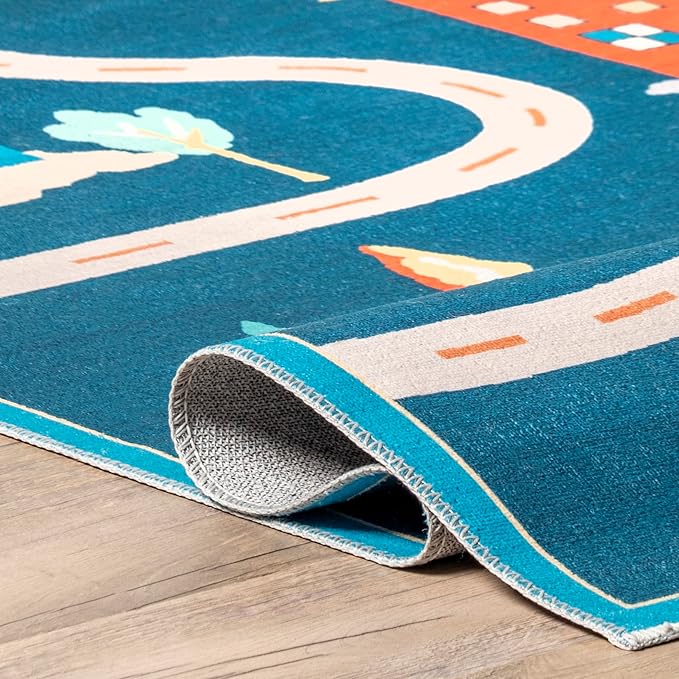 nuLOOM Zita Neighborhood Machine Washable Kids Ultra Thin Area Rug, 4' x 6', Blue Multi