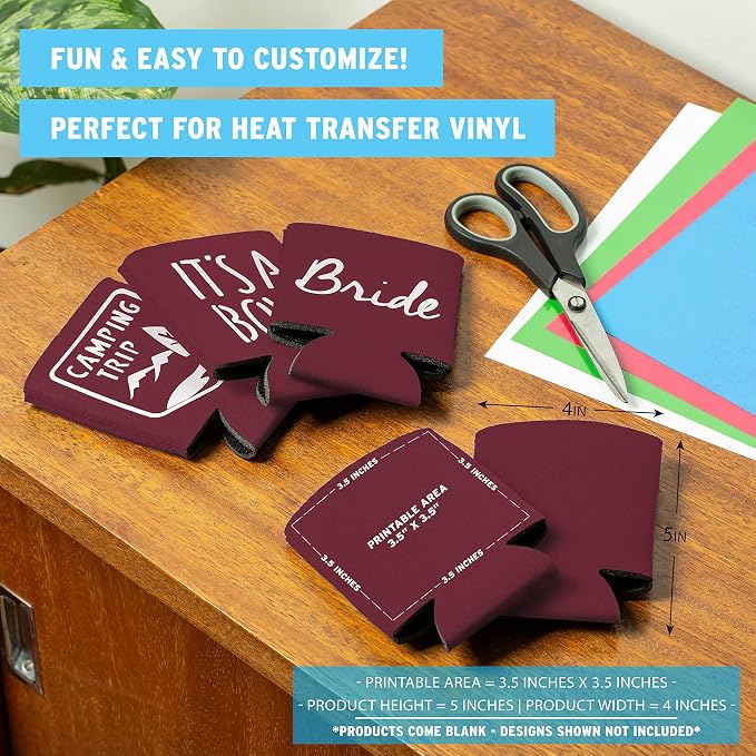 Blank Beer Can Coolers Sleeves (30-Pack) Soft Insulated Beer Can Coolies - HTV Friendly Plain Koolies in Bulk for Beer Cans & Bottles - Coolie Blanks for Vinyl Projects & Wedding Favors (Burgundy)