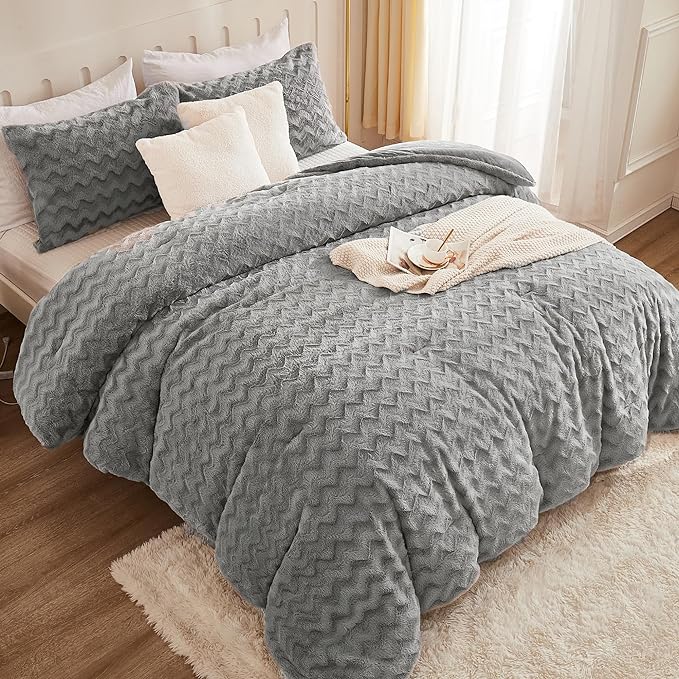 Andency Grey Fleece Comforter Set King, 3 Pieces Fuzzy Fluffy Faux Fur Bedding Comforter, Plush Shaggy Sherpa Bed Set for Winter (104x90Inch Comforter)