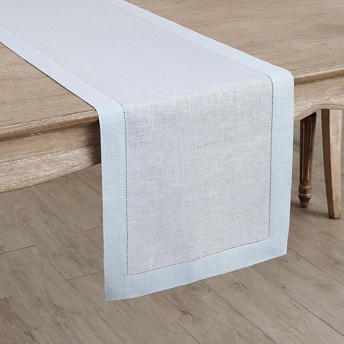 Solino Home Linen Light Blue Table Runner 144 Inches Long - 100% Pure Linen Extra Long Table Runner 14 x 144 Inch - Classic Hemstitch