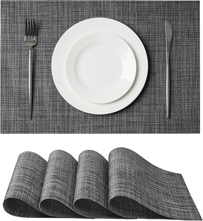 Leetaltree Black and Grey Woven Placemats Set of 4 - Heat Resistant Non-Slip Place mats for Dining Table, Washable Durable PVC Vinyl Woven Table Mats(Black & Grey, 4)