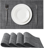 Leetaltree Black and Grey Woven Placemats Set of 4 - Heat Resistant Non-Slip Place mats for Dining Table, Washable Durable PVC Vinyl Woven Table Mats(Black & Grey, 4)