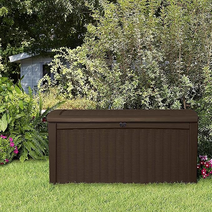 Keter Borneo 110 Gallon Resin Deck Box - Organization and Storage for Patio Furniture, Outdoor Cushions, Throw Pillows, Garden Tools and Pool Toys, Brown