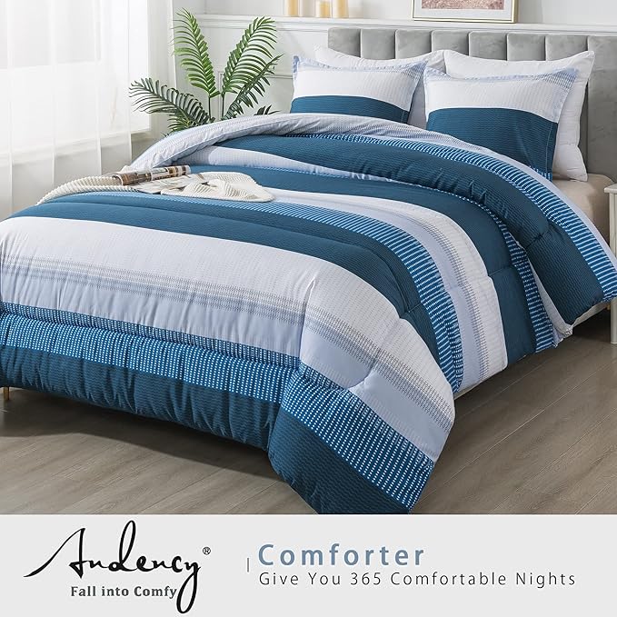 Andency Stripe Comforter Set Full Size (79x90 Inch), 3 Pieces Navy Patchwork Striped Comforter, Soft Microfiber Down Alternative Comforter Bedding Set with Corner Loops