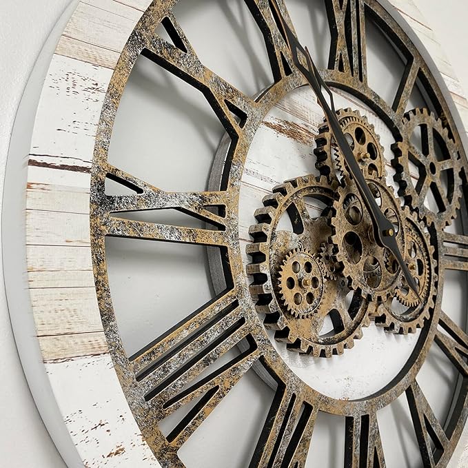 The Gears Clock The Original Real Moving Gear Wall Clock Vintage Industrial Oversized Rustic Farmhouse (24 inch (60cm), Vintage Desert Beige and Bronze)