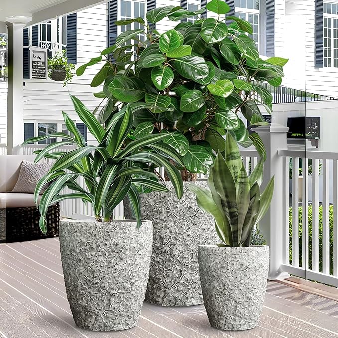 Craft flowerpots 16"+12"+10" Dia Round Concrete Planter Set of 3 Large Outdoor/Indoor Planter Pots Containers with Drainage Holes and Rubber Plug for Home Garden (Grey, Large)