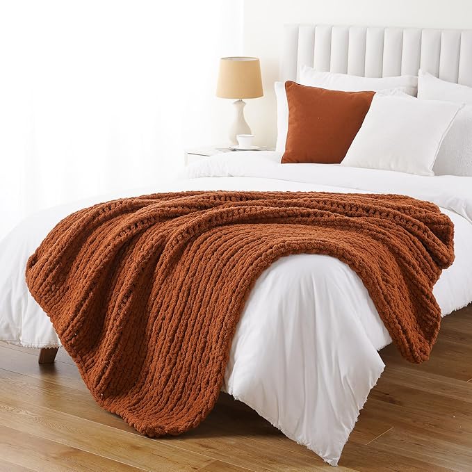 Battilo Chunky Knit Throw Blanket, Soft and Thick Chenille Throw Blanket, 50"x60" Handmade Cable Knit Crochet Blanket, Large Rope Knot Throw Blankets for Couch Sofa Bed Home Decor, Caramel