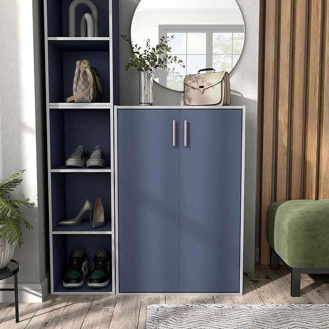 Apexa Stackable Wood Bookcase with Doors, Cube Storage Organizer Shelves, Small Food Pantry, Dorm Teen Room Decor & Bedroom, Home Office, Kitchen, 3-Tier Cabinet, Steel Blue