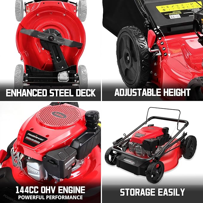 PowerSmart 21-Inch 144cc Gas Push Lawn Mower & 16-Inch 25.4cc String Trimmer/Edger with 10-Inch Brush Cutter for Grass Cutting