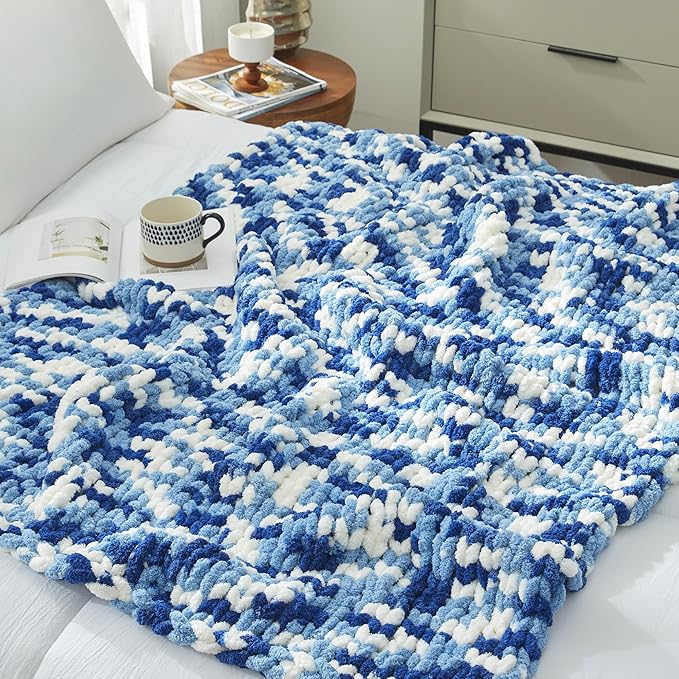 Amélie Home Chunky Knit Throw Blanket for Couch, Soft Chenille Crochet Blanket for Sofa, 50"x60", Space-Dyed Blue