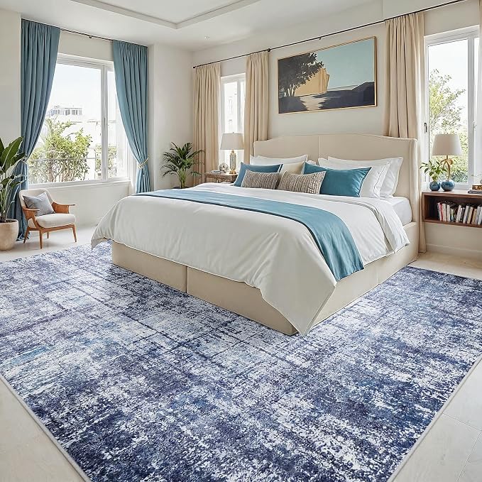 10x14 Washable Area Rug for Living Room Bedroom: Non-Slip Modern Navy Blue | Machine Washable TPR Backing, Stain-Resistant Low Pile, Pet & Kid Friendly, Abstract Decor for Dining Room, Dorm, Home Office