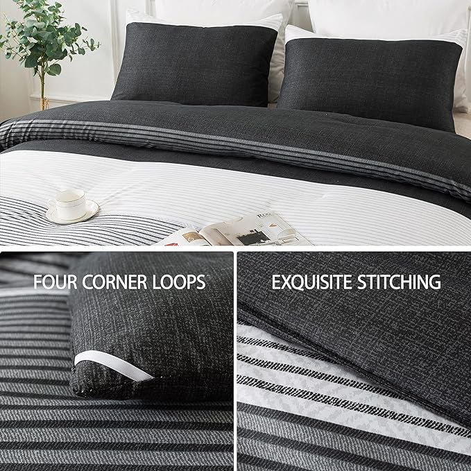 Andency Full Size Comforter Set,3 Pieces Black White Gray Patchwork Striped Comforter(79x90 Inch), Soft Microfiber Down Alternative Full Comforter Bedding Sets with Corner Loops