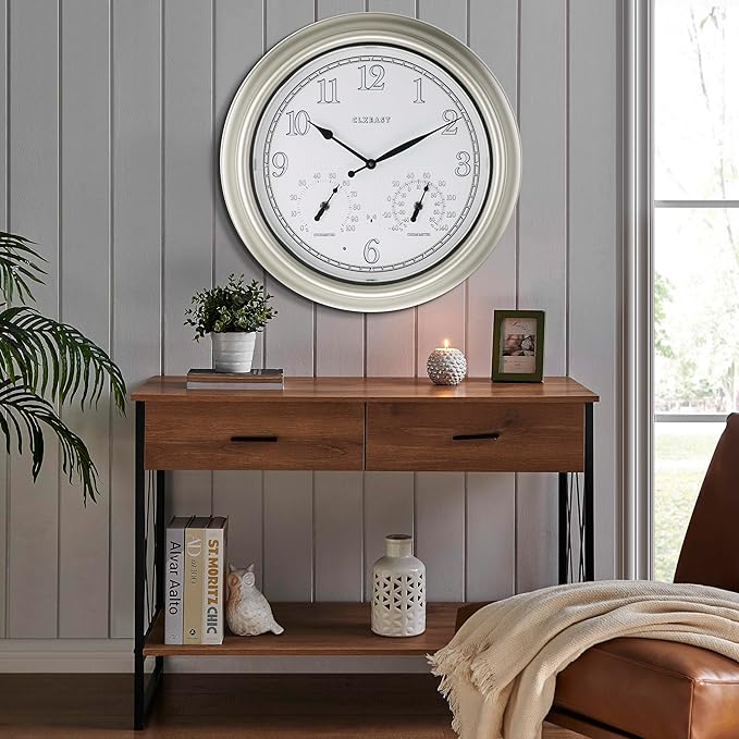 CLXEAST 18 Inch Illuminated Outdoor Indoor Atomic Analog Wall Clock with Temperature & Humidity Combo, Lighted Outdoor Clocks for Patio Large Waterproof with Thermometer, Modern Morning Silver/Gold