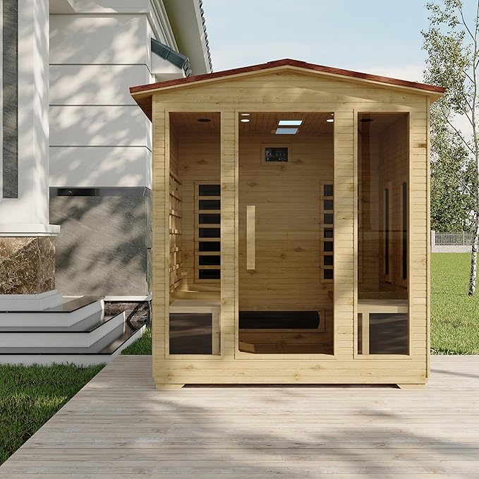 4 Person Outdoor Infrared Sauna - 3D Fast Heating Home Spa Sauna w/Chromotherapy Light, Wooden Sauna Room Kit w/Bluetooth Speaker (CE Certified,220V)