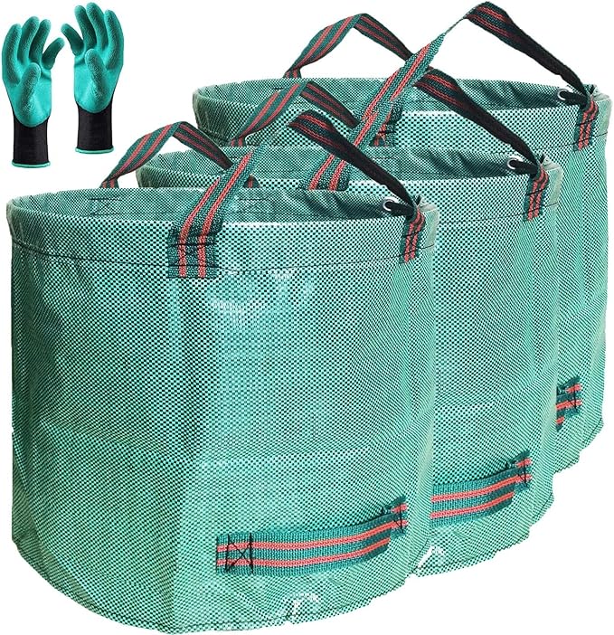 Standard 3-Pack 16 Gallons Home Garden Bags (D18, H15 inches) with Coated Gardening Gloves,Leaf Waste Bags,Patio Bag,Reusable Trash Can,Lawn Yard Waste Bags,Laundry Container with 4 handles