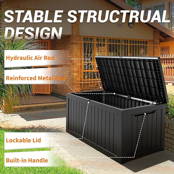 NUNU LAB 230 Gallon Large Resin Deck Box, Waterproof Outdoor Storage Box, Lockable Storage Bin for Patio Furniture, Garden Tools, Pool Accessories, UV-Resistant & All-Weather, Black