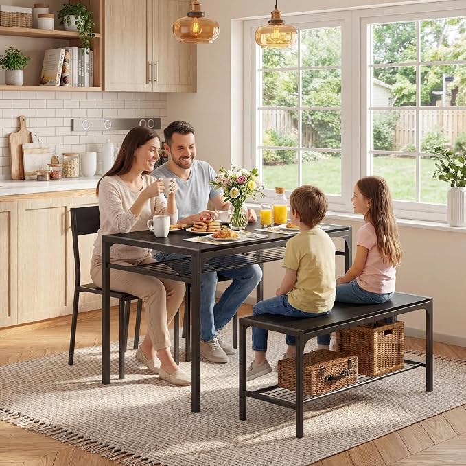 Gizoon 4-Piece Dining Table Set for 4, Kitchen Table with Bench Black | Space-saving black 4-piece dinette set with metal storage rack. Includes 2 ergonomic chairs and 1 bench. Easy to clean.