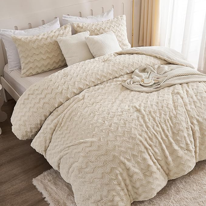 Andency Beige Fleece Comforter Set Queen Size, 3 Pieces Shaggy Faux Fur Bedding Comforter Set for Queen Bed, Fuzzy Plush Warm Sherpa Bed Comforter Set for Women Man