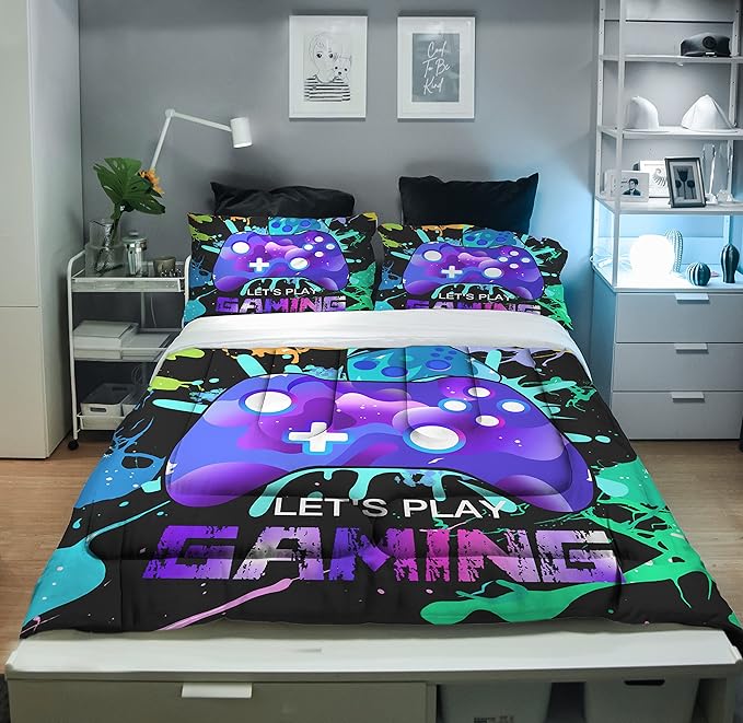 Sunnycitron Gaming Comforter sets for Boys Bedding Sets Kids Bed Comforter Set Gamer Bedding with Comforter Full size Boys Teen Gamer Gamepad Comforter Set for Gaming bed,1 Comforter 2Pillowcases