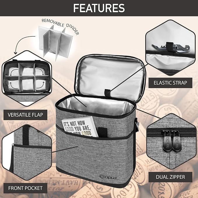 opux 6 Bottle Carrier Tote | Insulated Padded Wine Cooler Bag for Travel. Picnic, BYOB | Portable Leakproof Wine Tote Bag for Dinner, Party, Christmas, Wine Gift for Women, Men (Heather Gray)
