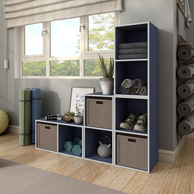 Apexa 2 Cube Storage Organizer Shelves, Stackable Wood Bookcase Fits Cubby Bins for Organization, Dorm Teen Room Decor & Home Office, Steel Blue