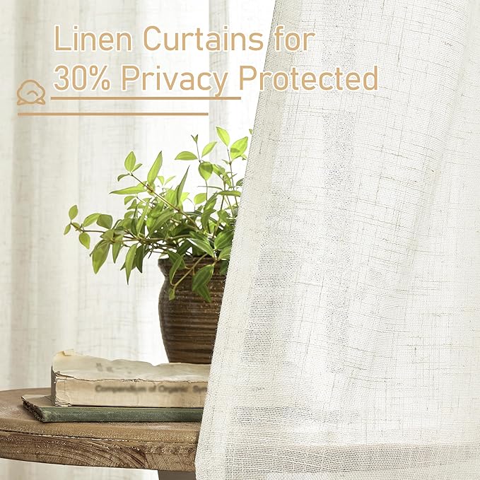 LAMIT Living Room Linen Curtains 90 Inch for Bedroom, Bronze Grommet Linen Textured Sheer Curtains Light Filtering Burlap Panels for Farmhouse, 2 Panels, 52 x 90 Inch, Cream
