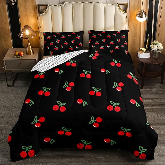 Erosebridal Red Cherry Bedding Set for Kids, Fruit Kawaii Comforter Set King, Cute Cherry Cartoon Quilted Duvet for Boys Girls Women Bedroom Decor, Reversible Luxury Cherry Quilted Comforter, Black