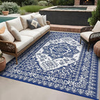 GAOMON Outdoor Rugs for Patio 9x12 Waterproof Reversible Plastic Straw Rug, Large UV-Resistant Portable RV Camping Mats, Indoor Outdoor Medallion Carpet for Deck Porch Garden, Dark Blue & White