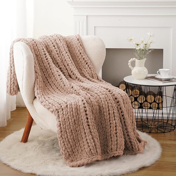 Battilo Chunky Knit Throw Blanket, Soft and Thick Chenille Throw Blanket, 50"x60" Handmade Cable Knit Crochet Blanket, Large Rope Knot Throw Blankets for Couch Sofa Bed Home Decor, Pink