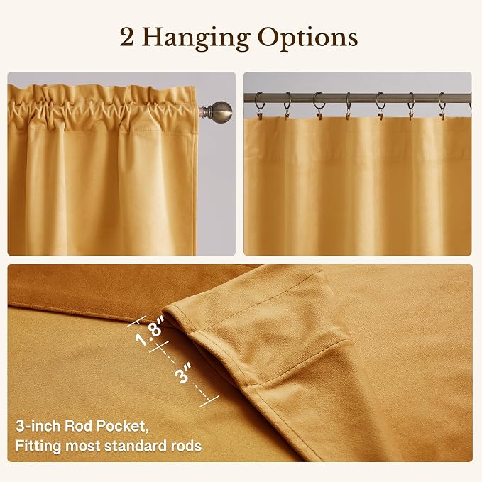 Yellowish Gold Scalloped Velvet Valance, Luxury Gold Wavy Window Treatments for Kitchen, Decorative Rod Pocket Short Drapes for Farmhouse, 52x18 Inch, 4 Panel Set