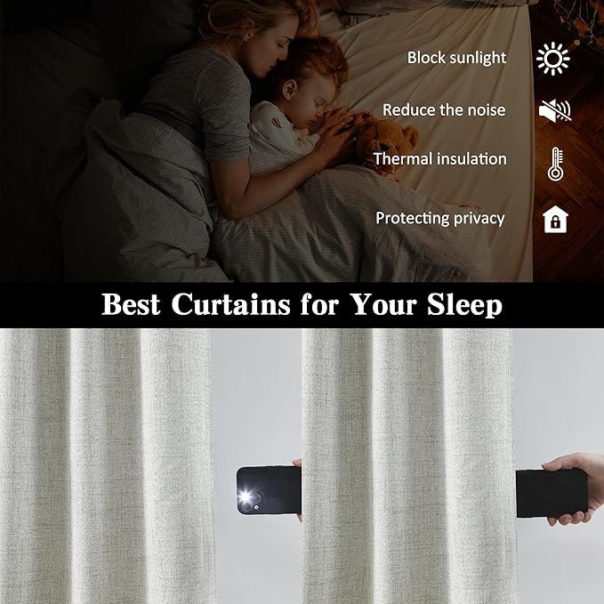 RAIN CITY Natural Blackout Curtains 96 Inch Long 2 Panels Set,Back Tab/Rod Pocket/Pleated Look with Hooks,Linen Blend Textured Rustic Farmhouse Heat Insulated Summer Drapes for Living Room 50W x 96L